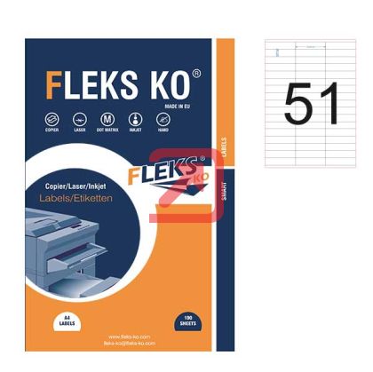 Етикети Fleks Ko Бели, прави ъгли, 70x16.9 mm A4, 100 л. 51 етик./лист