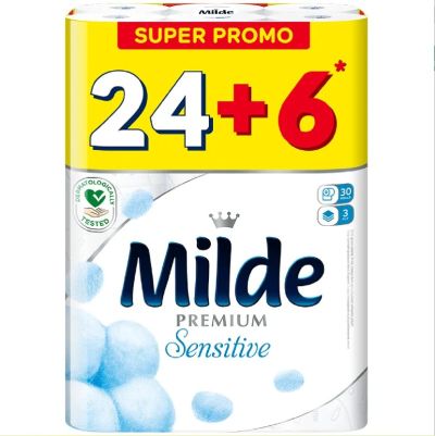 Тоалетна хартия Milde 100% целулоза, трипластова 24+6 бр. Sensitive