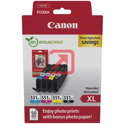 Консуматив Canon CLI-551XL C/M/Y/BK Photo Value Pack + Canon Plus Glossy II PP-201, 10x15 cm, 100 sheets