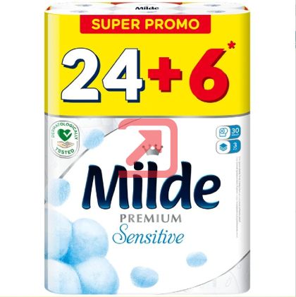 Тоалетна хартия Milde 100% целулоза, трипластова 24+6 бр. Sensitive