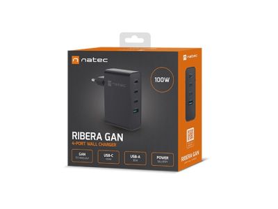 Адаптер Natec USB Charger Ribera 3X USB-C + 1x USB-A 100W, Black