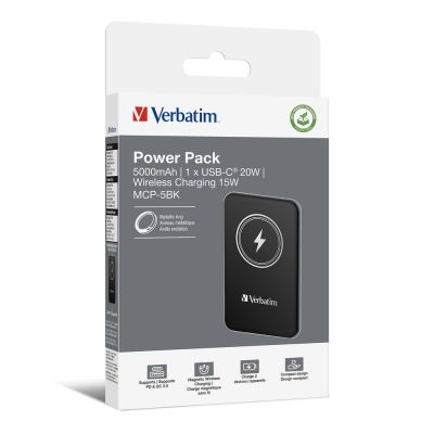 Външна батерия Verbatim MCP-5BK Power Pack 5000 mAh with UBS-C PD 20W / Magnetic Wireless Charging 15W Black